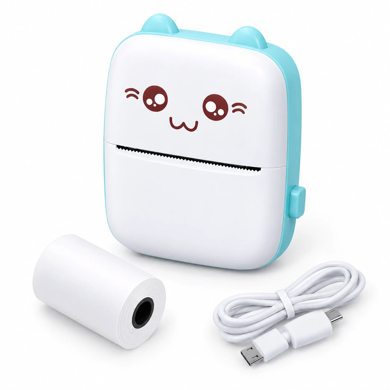 ImprimiGo junto a un rollo de papel y el cable USB