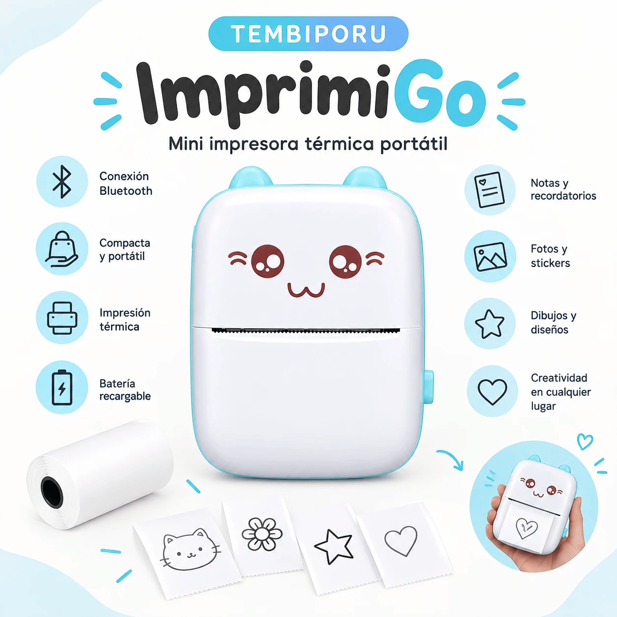 ImprimiGo con sus funciones: Bluetooth, compacta, impresión térmica y batería recargable