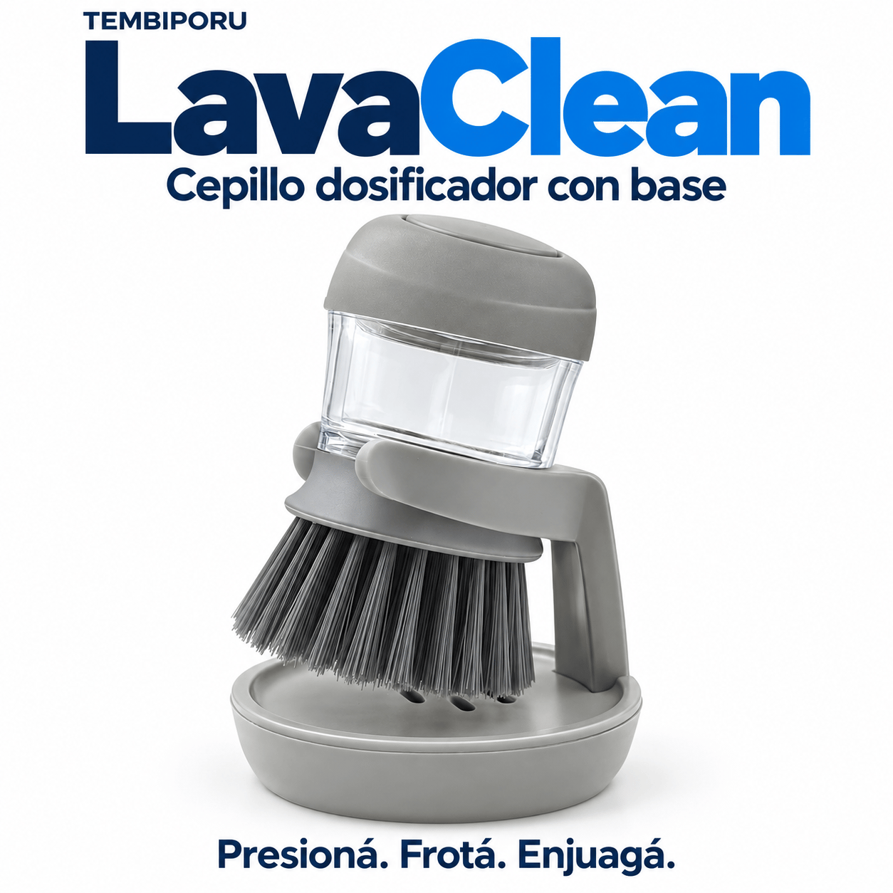 LavaClean, cepillo gris dosificador con base, sobre fondo blanco