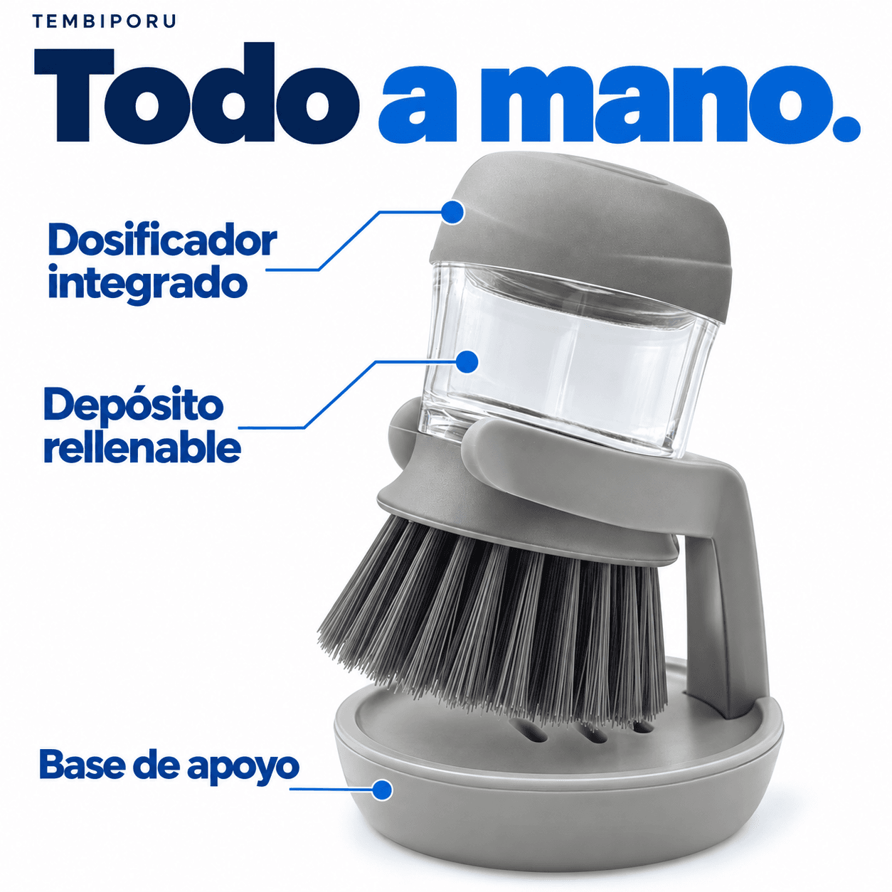 LavaClean con dosificador integrado, depósito rellenable y base de apoyo