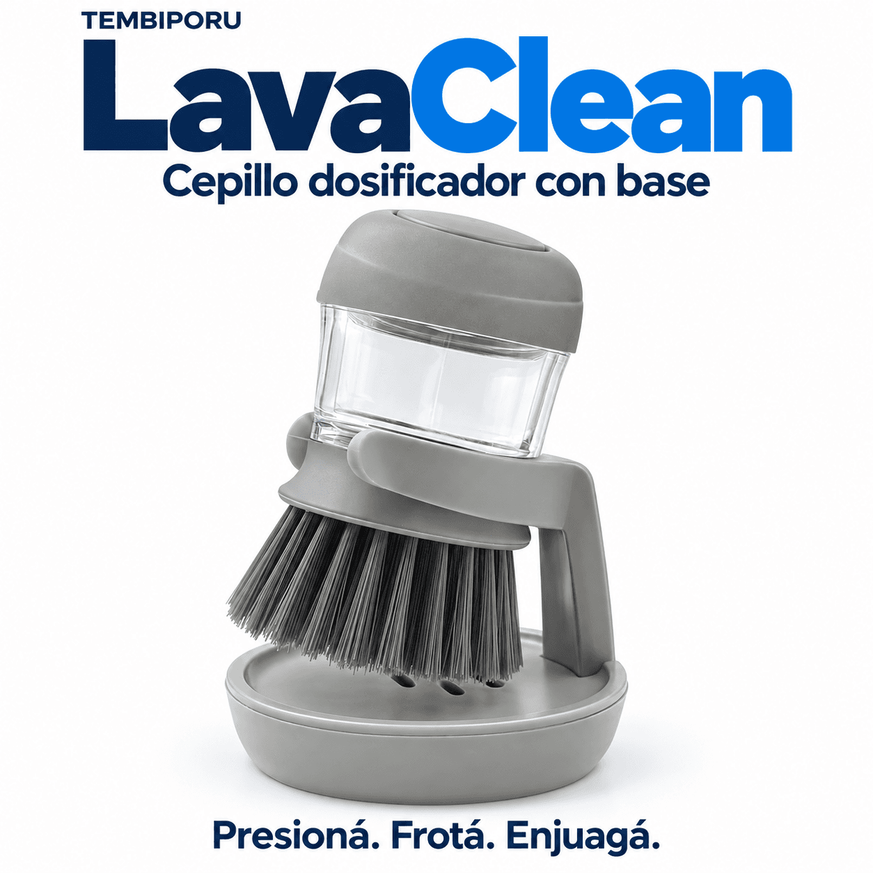LavaClean, cepillo gris dosificador con base, sobre fondo blanco