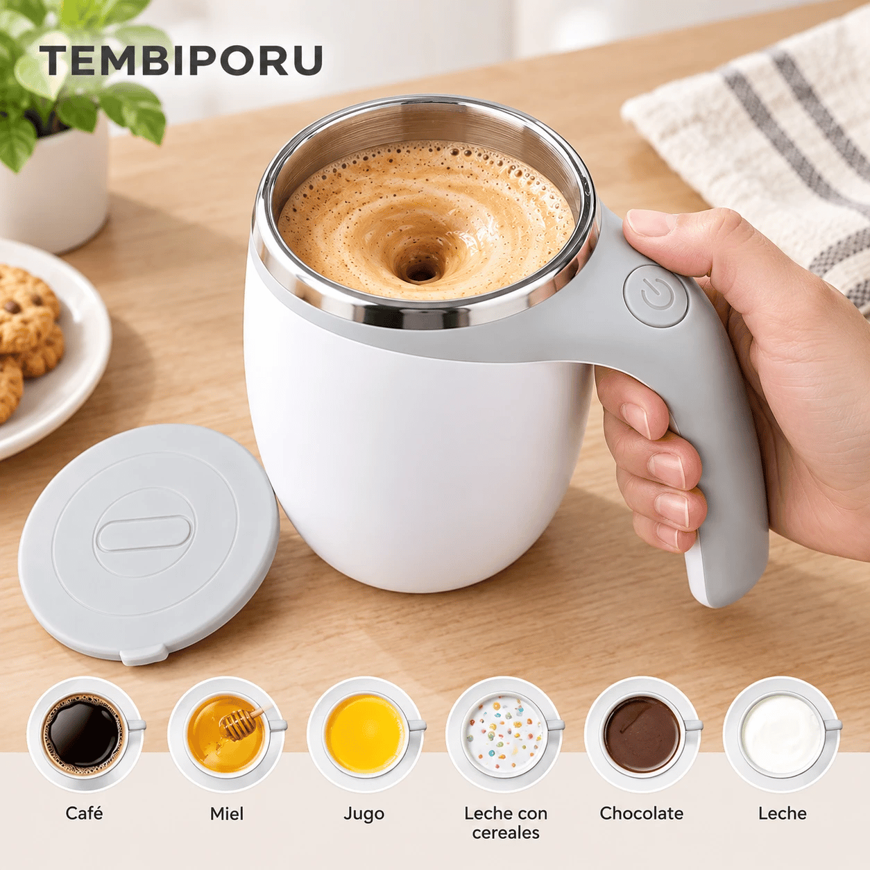 MezclaGo blanca con café y las bebidas que mezcla: café, miel, jugo, leche con cereales, chocolate y leche