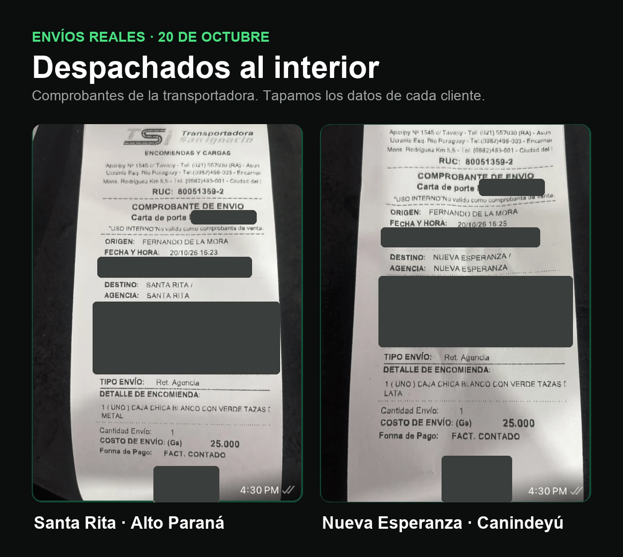 Comprobantes de envío de la transportadora a Santa Rita y Nueva Esperanza, con los datos de los clientes tapados