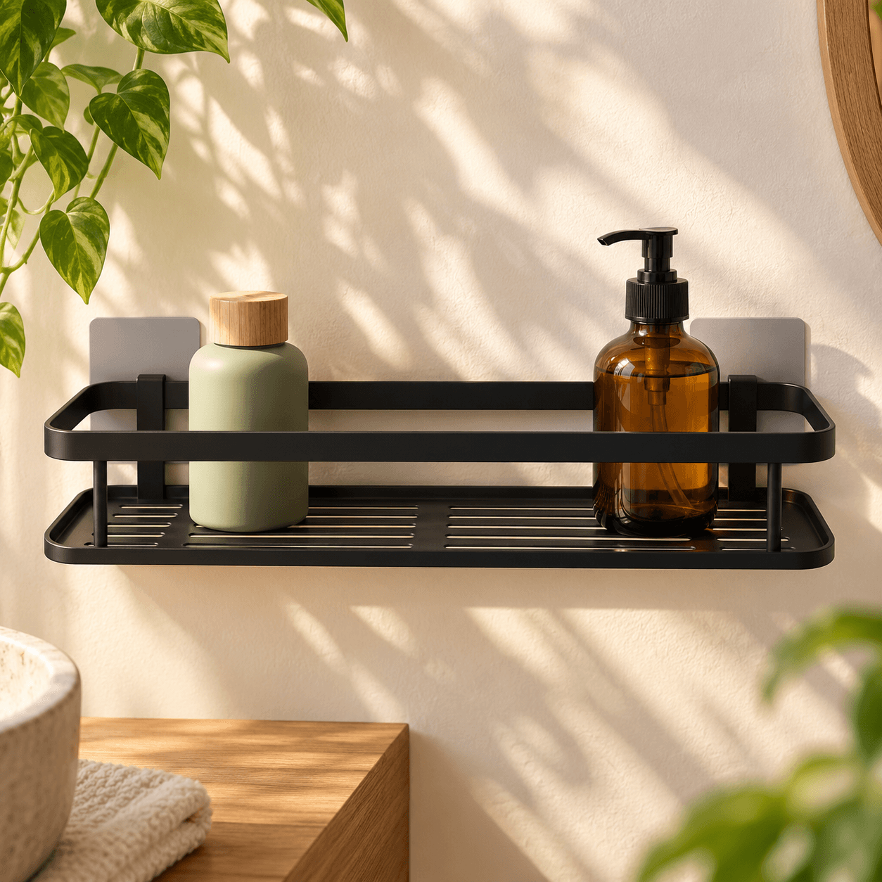 Vista frontal de OrdenaHome con productos de cuidado diario y luz natural