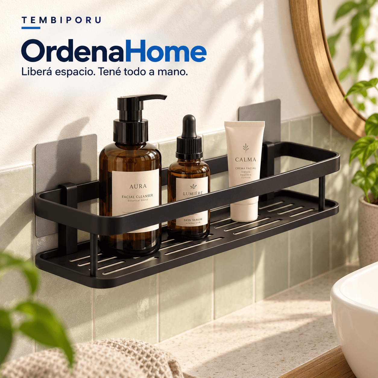 OrdenaHome en un baño con luz cálida: estante negro de un nivel con frascos de uso diario
