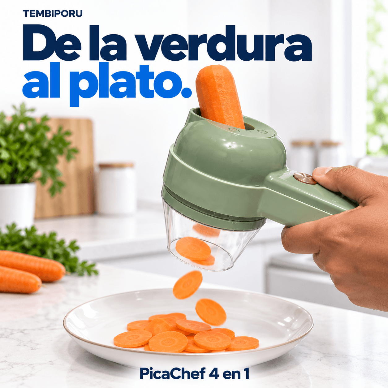PicaChef sostenido por el mango mientras corta zanahoria y las rodajas caen al plato