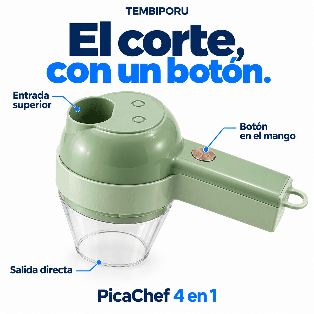 Entrada superior, botón en el mango y salida directa del picador eléctrico PicaChef