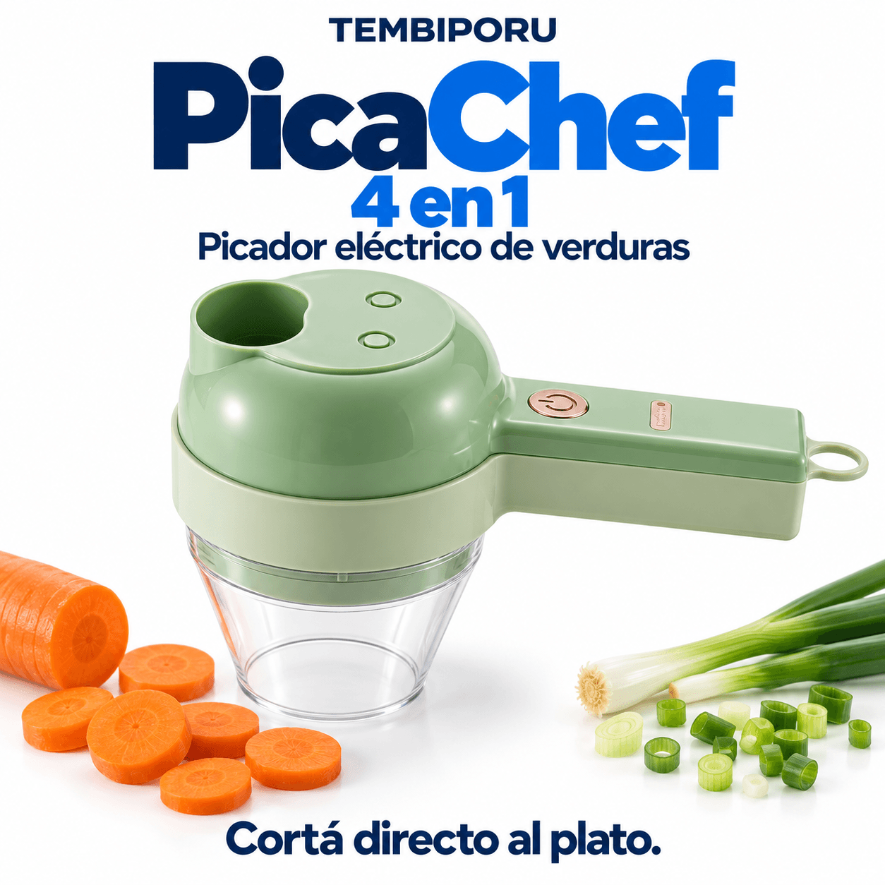 PicaChef 4 en 1 verde con entrada superior, mango y salida transparente, junto a rodajas de zanahoria y verdeo