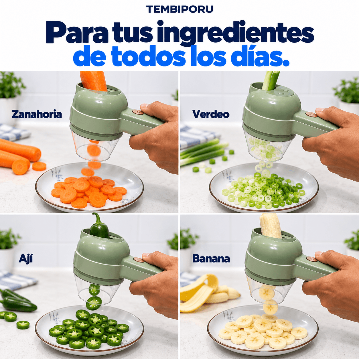 PicaChef cortando zanahoria, verdeo, ají y banana en cuatro escenas