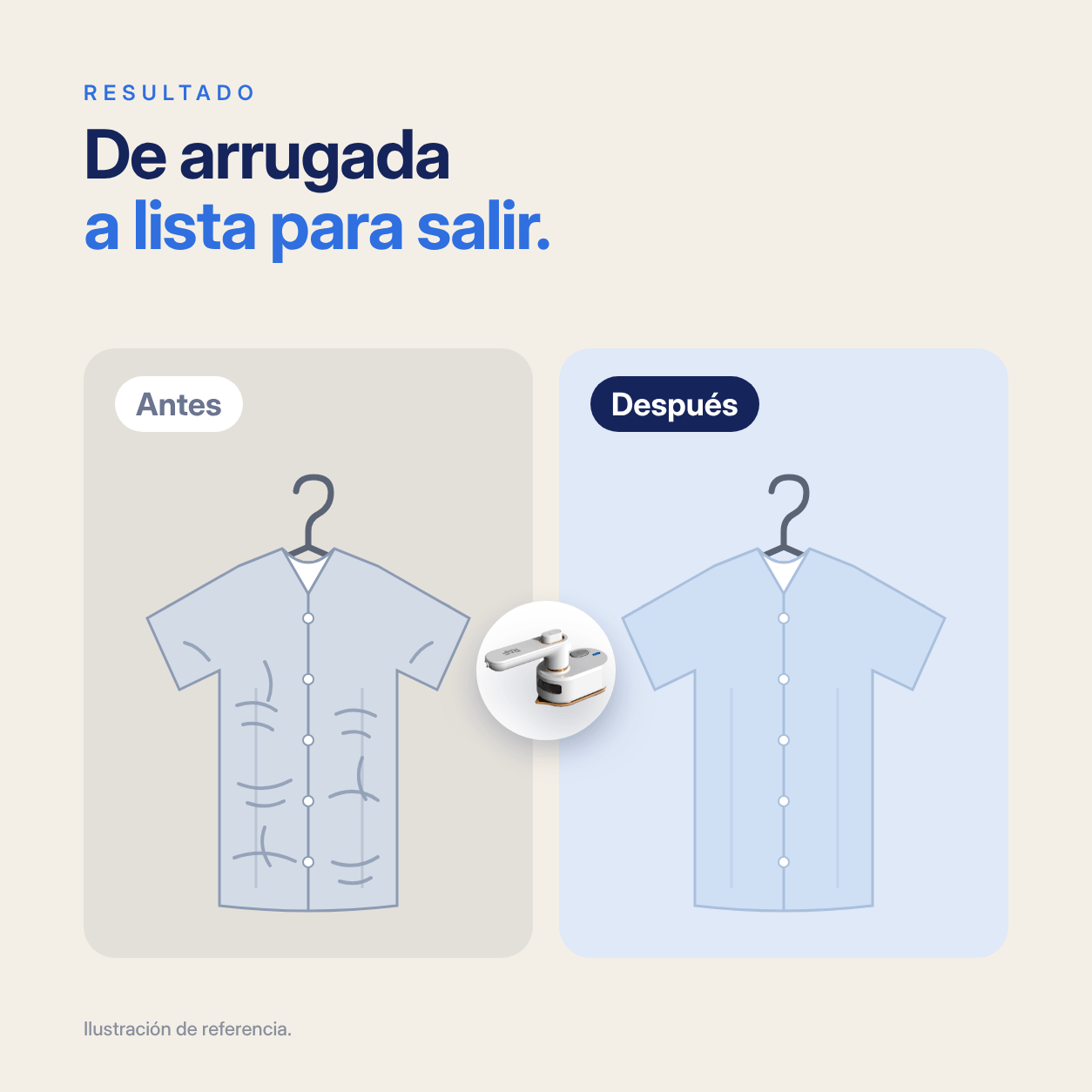 Ilustración de una camisa arrugada antes y lisa después de usar PlanchaGo