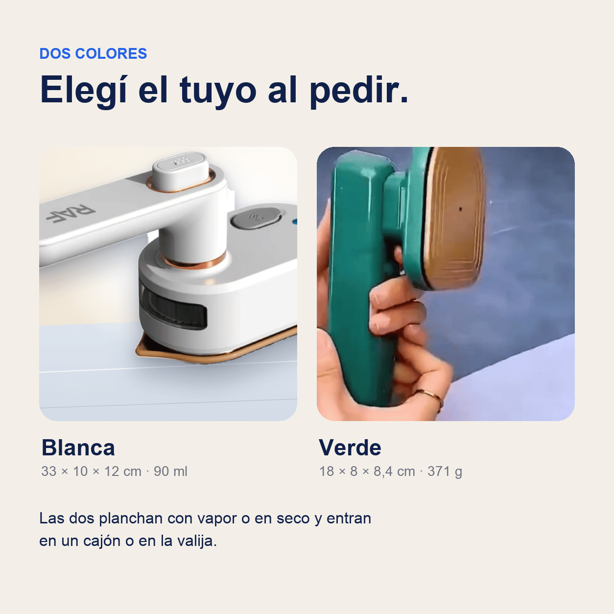 Las dos variantes de PlanchaGo: la blanca de 33 cm y la verde de 18 cm, con sus medidas