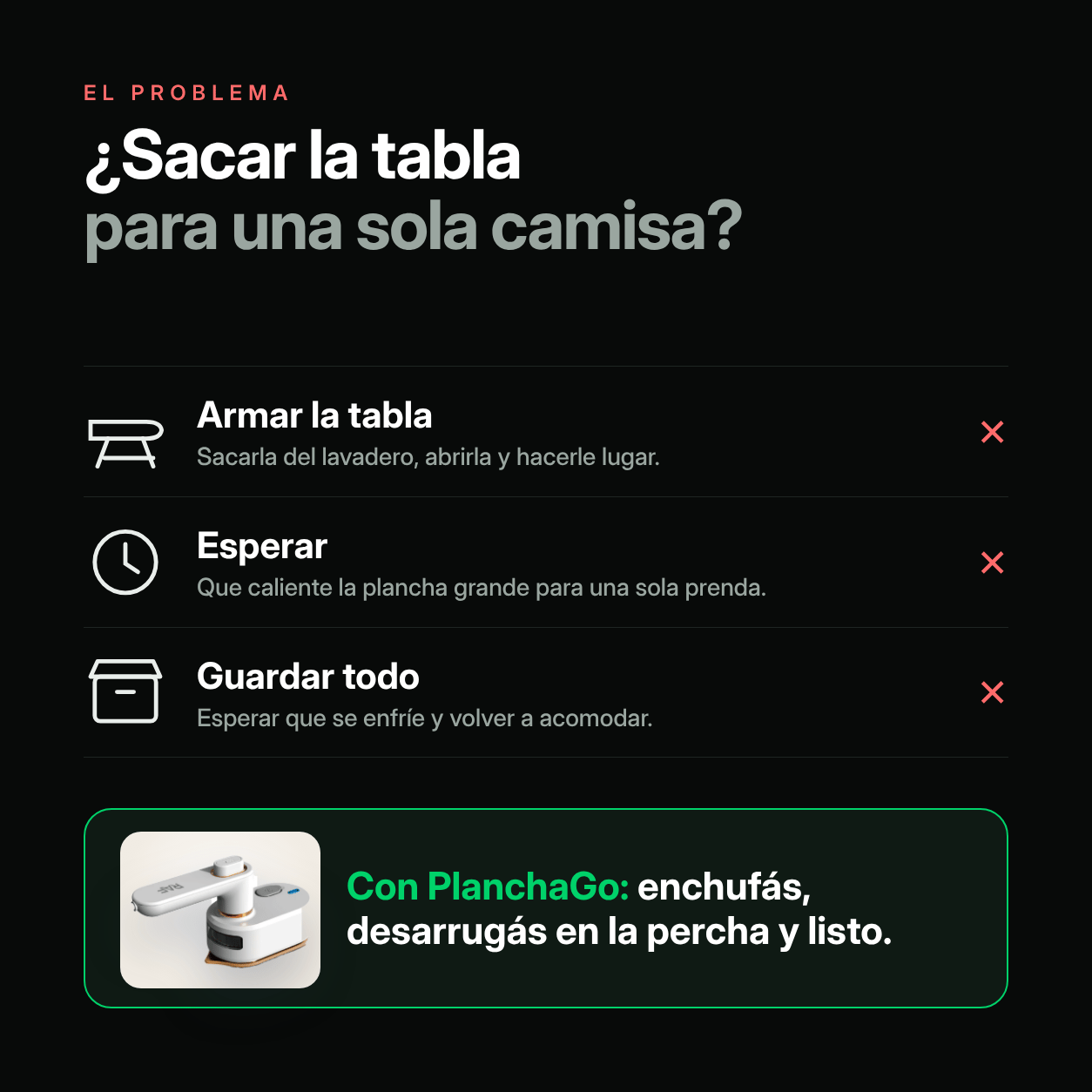 Armar la tabla, esperar y guardar todo para planchar una sola camisa