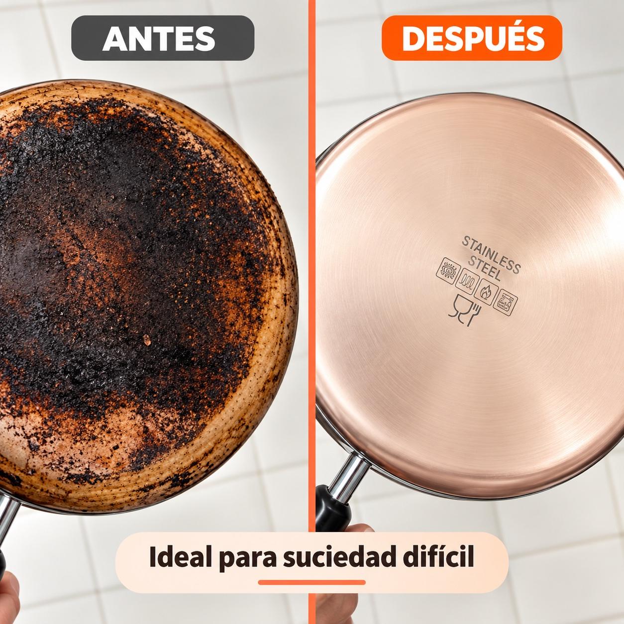 Sartén con grasa quemada, antes y después de limpiarla con TurboClean 9