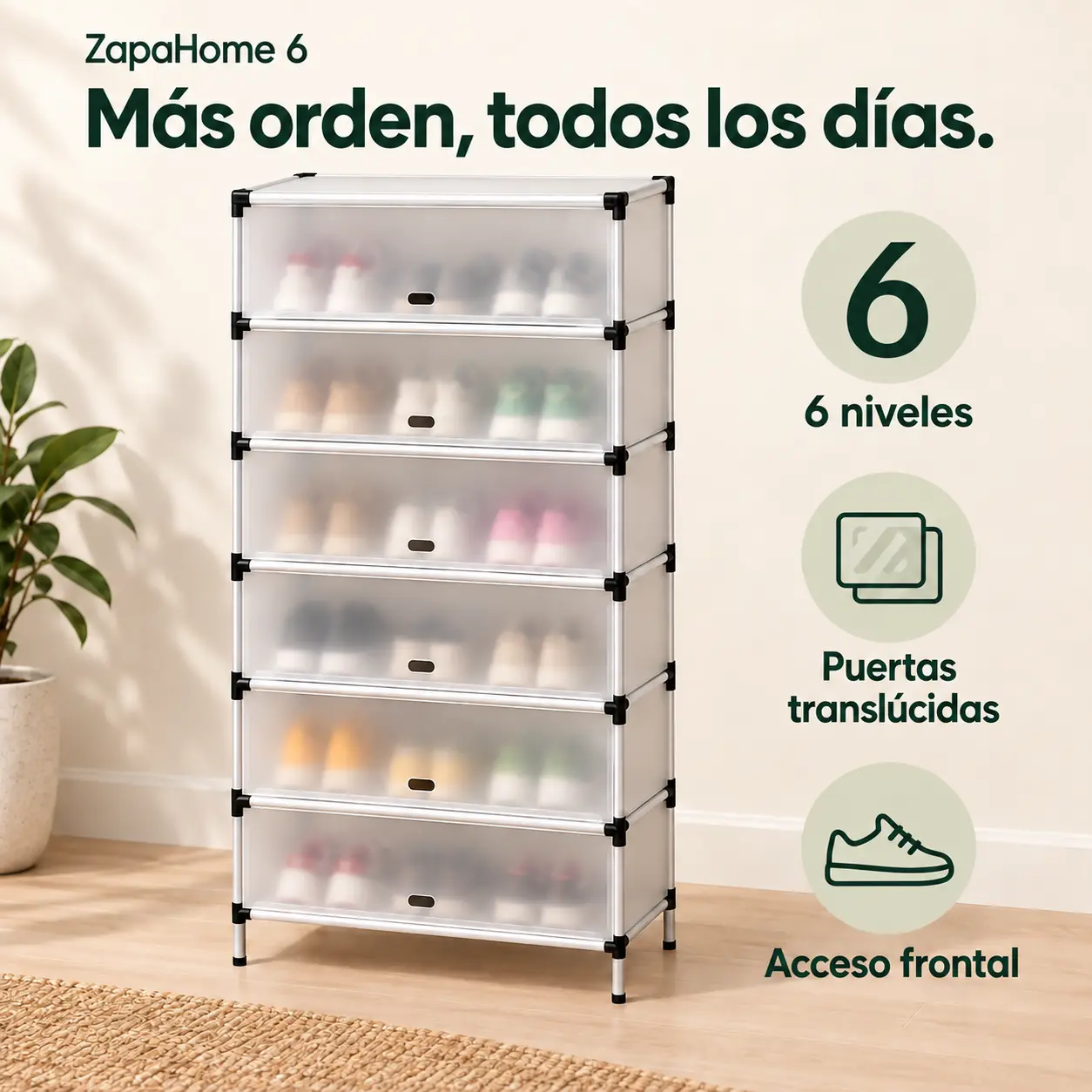 Seis niveles, puertas translúcidas y acceso frontal en ZapaHome 6